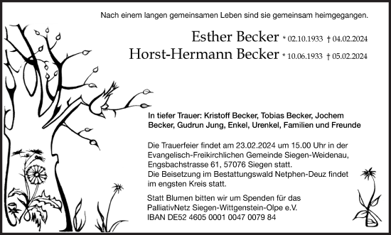 Traueranzeige von Esther und Horst-Hermann Becker von Siegener Zeitung