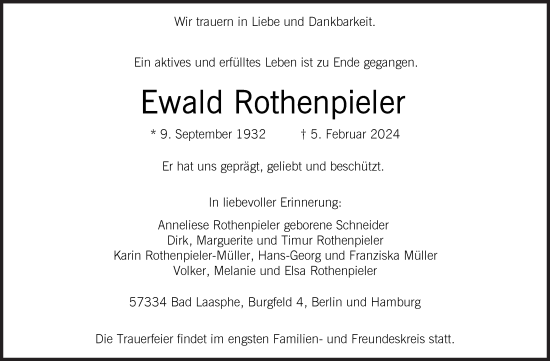 Traueranzeige von Ewald Rothenpieler von Siegener Zeitung