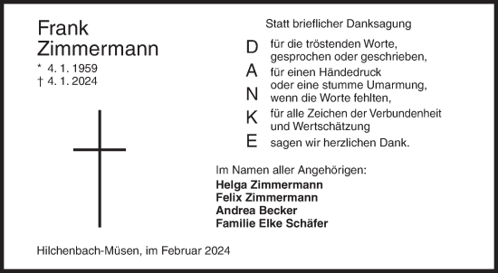 Traueranzeige von Frank Zimmermann von Siegener Zeitung