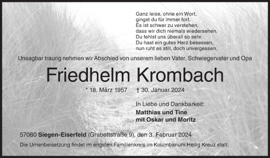 Traueranzeige von Friedhelm Krombach von Siegener Zeitung