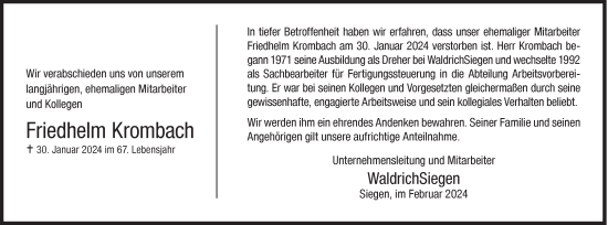 Traueranzeige von Friedhelm Krombach von Siegener Zeitung