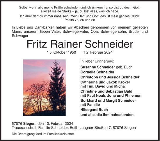 Traueranzeige von Fritz Rainer Schneider von Siegener Zeitung