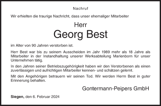 Traueranzeige von Georg Best von Siegener Zeitung