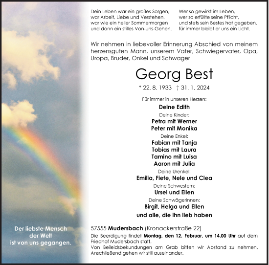 Traueranzeige von Georg Best von Siegener Zeitung