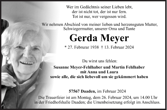 Traueranzeige von Gerda Meyer von Siegener Zeitung