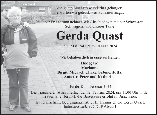 Traueranzeige von Gerda Quast von Siegener Zeitung