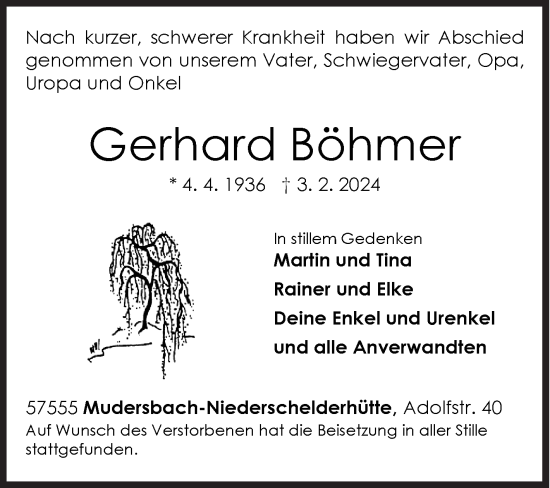 Traueranzeige von Gerhard Böhmer von Siegener Zeitung