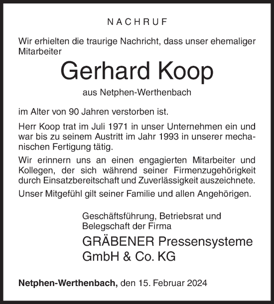 Traueranzeige von Gerhard Koop von Siegener Zeitung
