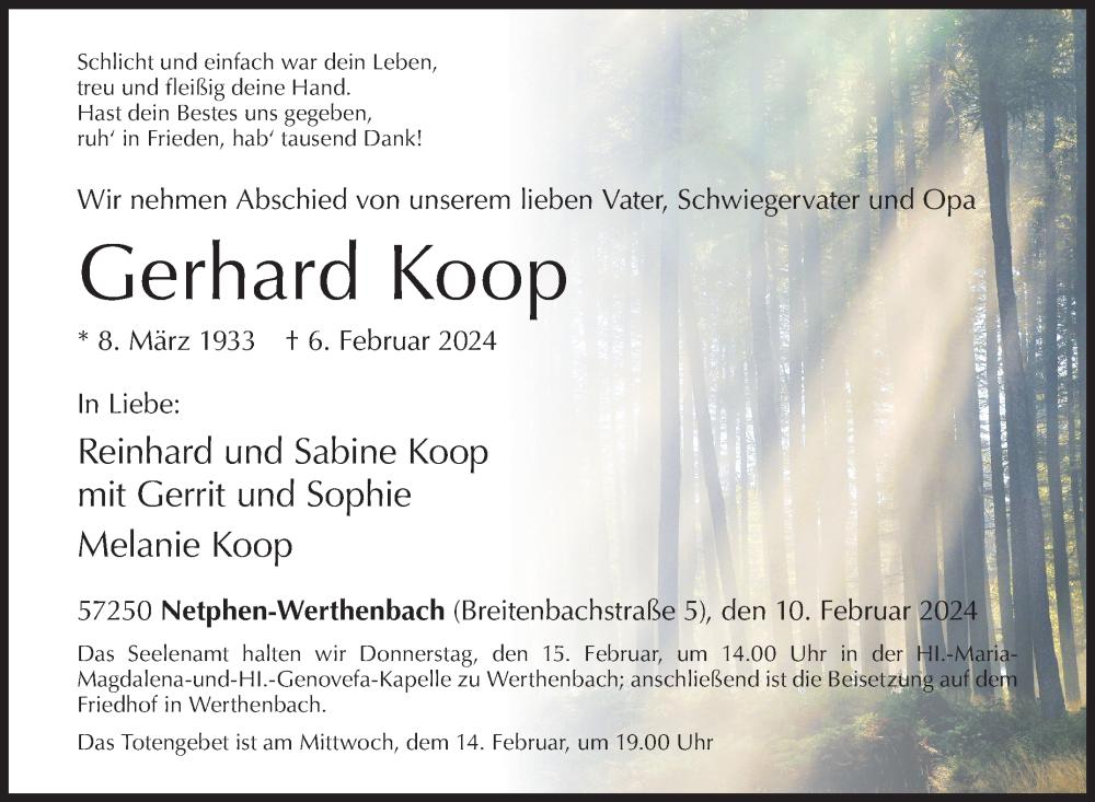  Traueranzeige für Gerhard Koop vom 10.02.2024 aus Siegener Zeitung