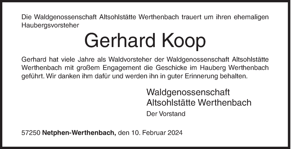  Traueranzeige für Gerhard Koop vom 10.02.2024 aus Siegener Zeitung