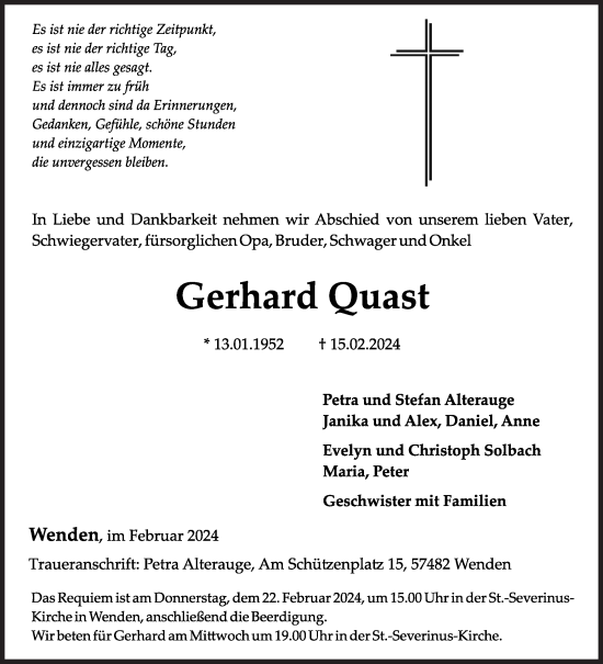 Traueranzeige von Gerhard Quast von Siegener Zeitung