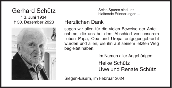 Traueranzeige von Gerhard Schütz von Siegener Zeitung