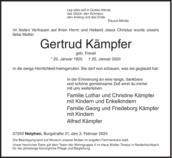 Traueranzeige von Gertrud Kämpfer von Siegener Zeitung