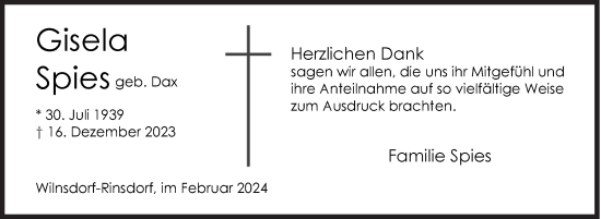 Traueranzeige von Gisela Spies von Siegener Zeitung