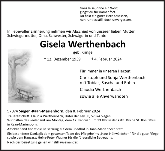 Traueranzeige von Gisela Werthenbach von Siegener Zeitung