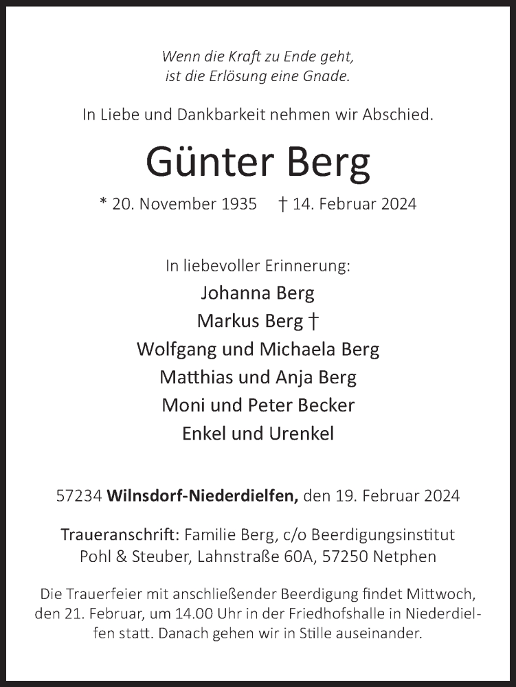  Traueranzeige für Günter Berg vom 19.02.2024 aus Siegener Zeitung
