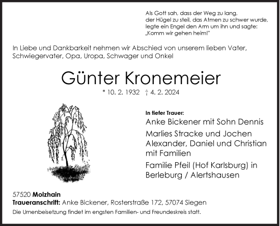 Traueranzeige von Günter Kronemeier von Siegener Zeitung