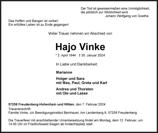 Traueranzeige von Hajo Vinke von Siegener Zeitung
