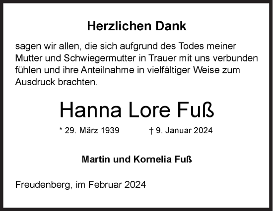 Traueranzeige von Hanna  Fuß von Siegener Zeitung