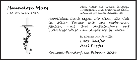 Traueranzeige von Hannelore Mues von Siegener Zeitung