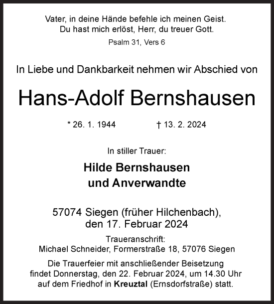 Traueranzeige von Hans-Adolf Bernshausen von Siegener Zeitung