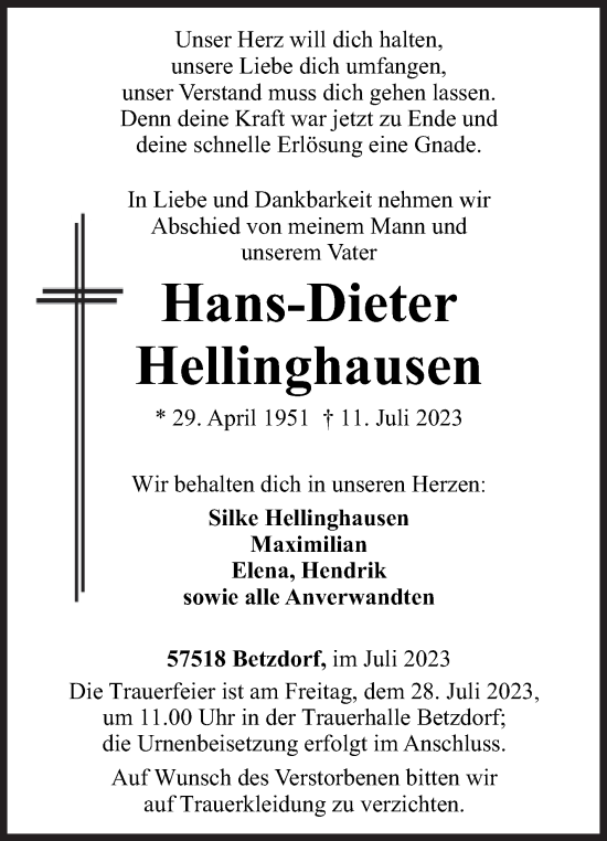 Traueranzeige von Hans-Dieter Hellinghausen von Siegener Zeitung