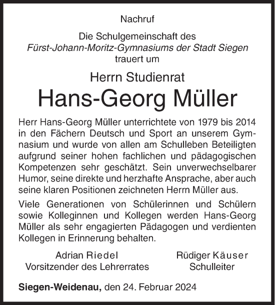 Traueranzeige von Hans-Georg Müller von Siegener Zeitung