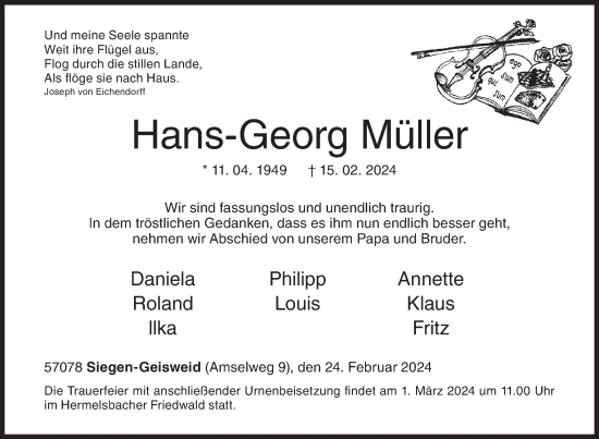 Traueranzeige von Hans-Georg Müller von Siegener Zeitung