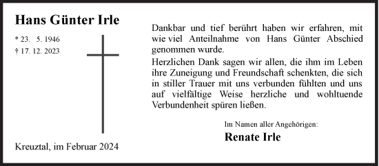 Traueranzeige von Hans Günter Irle von Siegener Zeitung