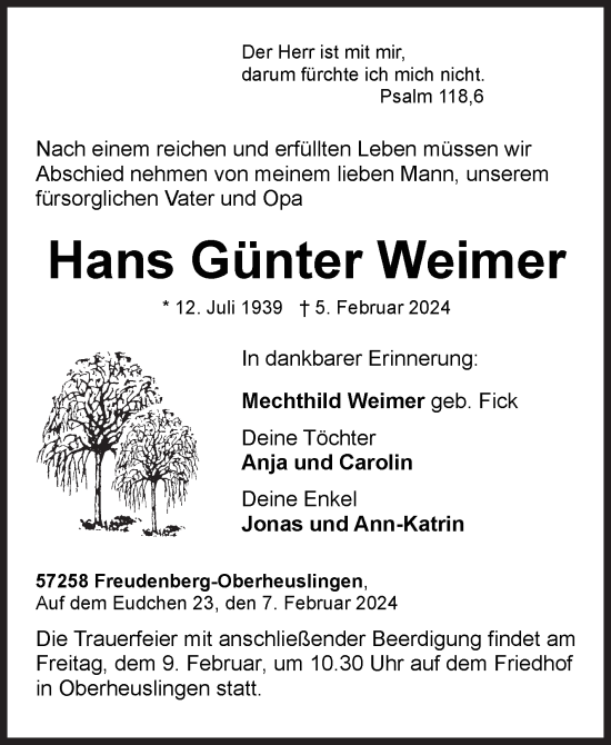 Traueranzeige von Hans Günter Weimer von Siegener Zeitung