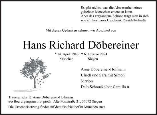 Traueranzeige von Hans Richard Döbereiner von Siegener Zeitung