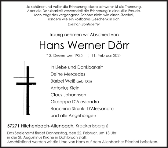 Traueranzeige von Hans Werner Dörr von Siegener Zeitung