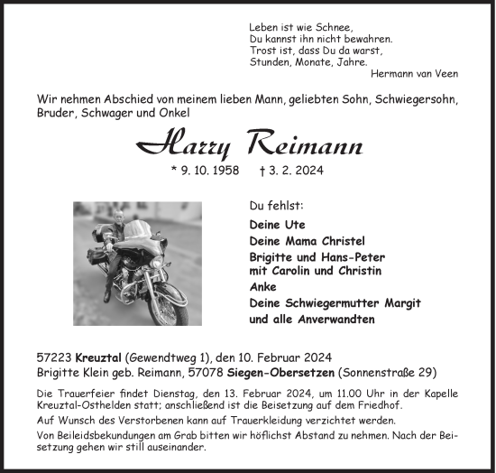 Traueranzeige von Harry Reimann von Siegener Zeitung