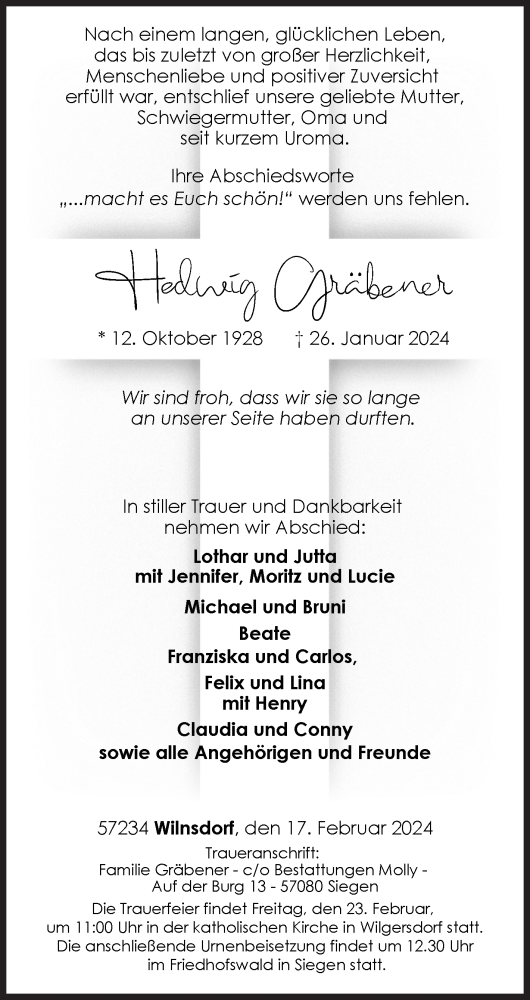 Traueranzeige von Hedwig Gräbener von Siegener Zeitung
