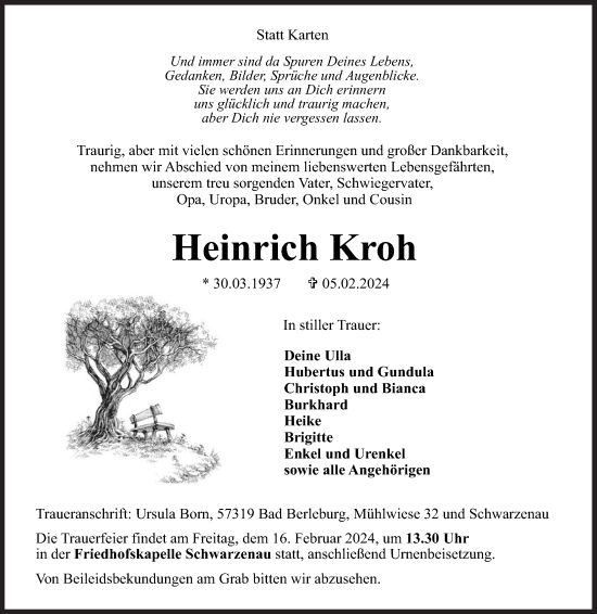 Traueranzeige von Heinrich Kroh von Siegener Zeitung