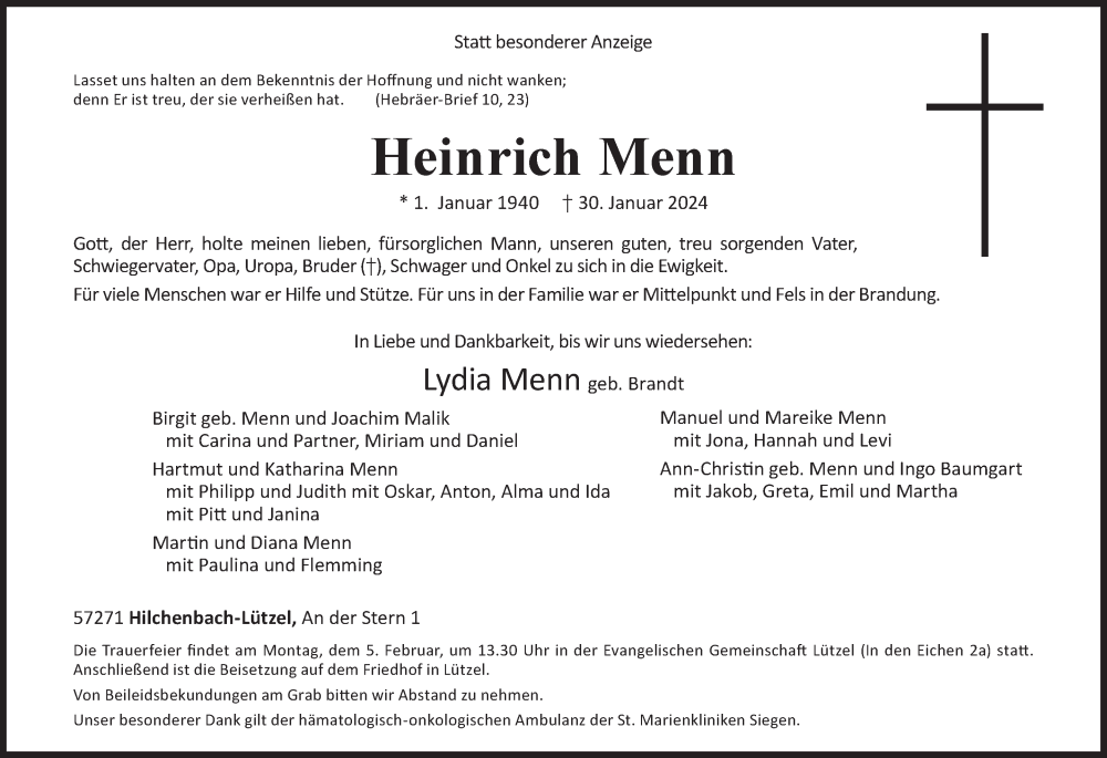  Traueranzeige für Heinrich Menn vom 02.02.2024 aus Siegener Zeitung
