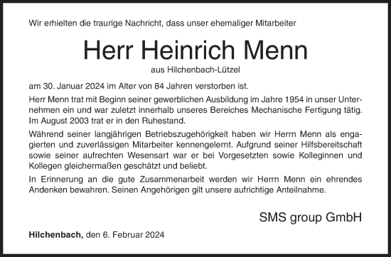 Traueranzeige von Heinrich Menn von Siegener Zeitung