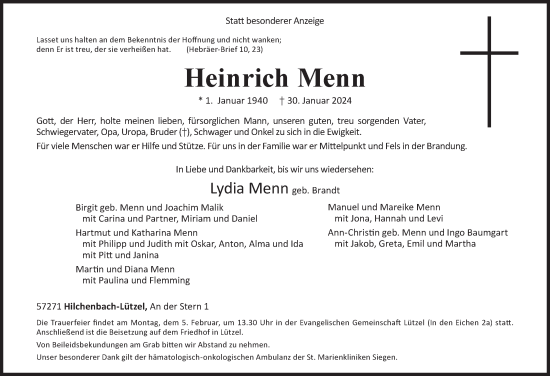 Traueranzeige von Heinrich Menn von Siegener Zeitung