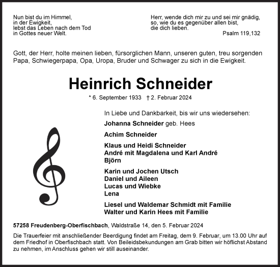 Traueranzeige von Heinrich Schneider von Siegener Zeitung