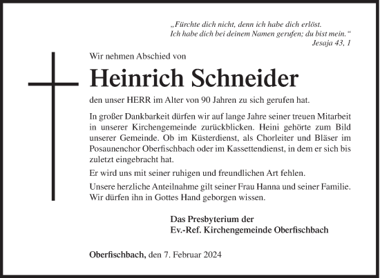 Traueranzeige von Heinrich Schneider von Siegener Zeitung