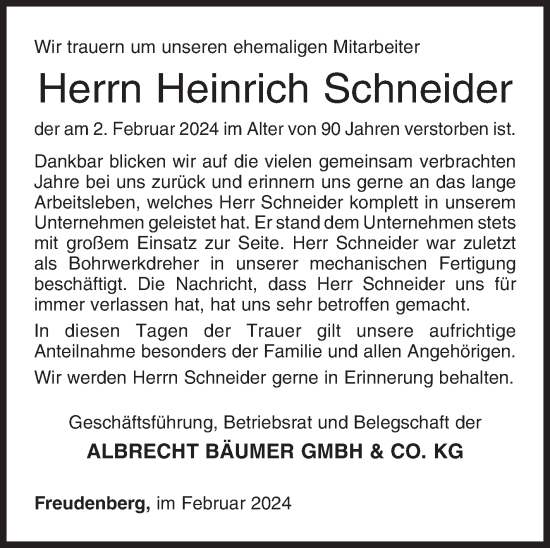 Traueranzeige von Heinrich Schneider von Siegener Zeitung