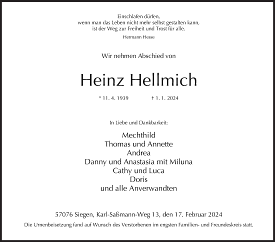 Traueranzeige von Heinz Hellmich von Siegener Zeitung