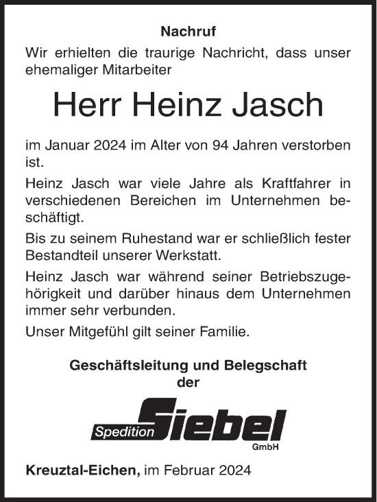 Traueranzeige von Heinz Jasch von Siegener Zeitung