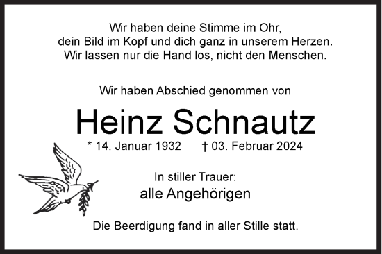 Traueranzeige von Heinz Schnautz von Siegener Zeitung