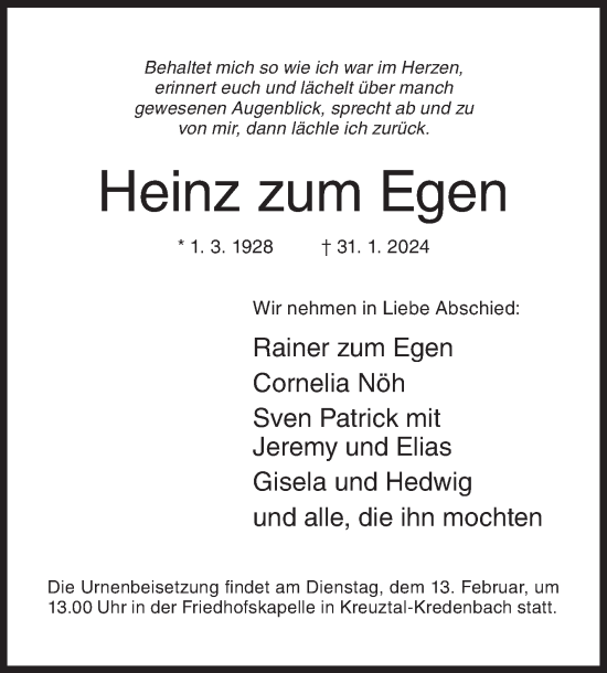 Traueranzeige von Heinz zum Egen von Siegener Zeitung
