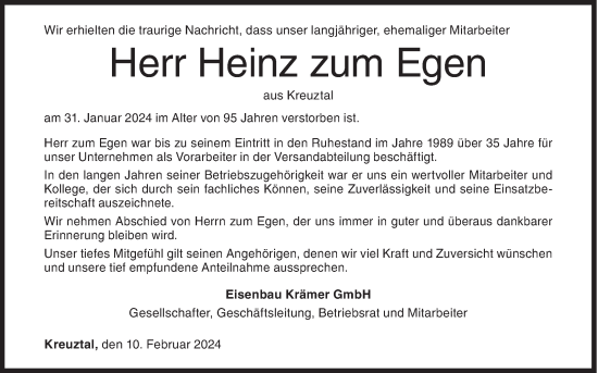 Traueranzeige von Heinz zum Egen von Siegener Zeitung