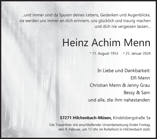 Traueranzeige von Heinz Achim Menn von Siegener Zeitung