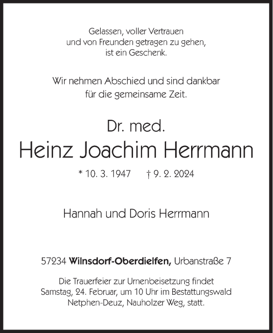 Traueranzeige von Heinz Joachim Herrmann von Siegener Zeitung