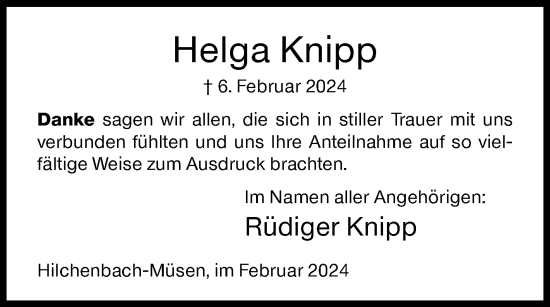 Traueranzeige von Helga Knipp von Siegener Zeitung
