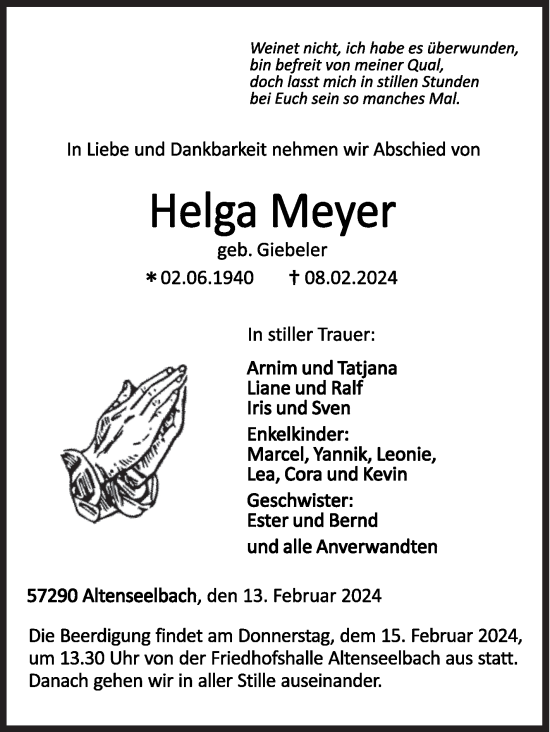 Traueranzeige von Helga Meyer von Siegener Zeitung